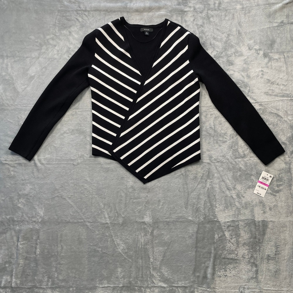 Alfani Geometric Wrap Knit Sweater‎ Black White Stripes Asymmetrical Hem PP